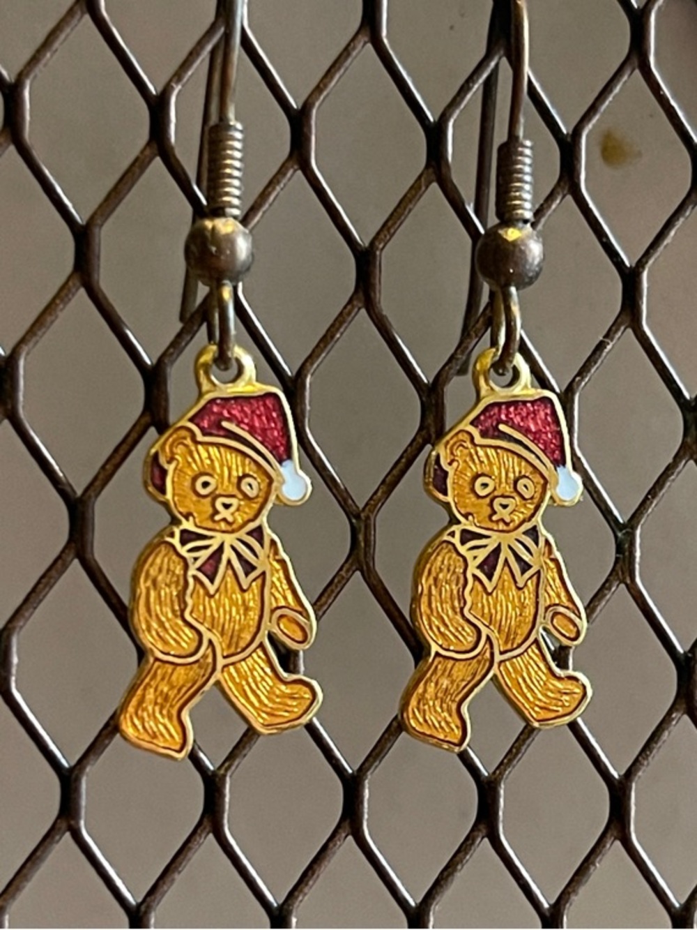 Gold-Tone Teddy Bear Drop Earrings with Red Santa Hats